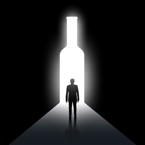 Silhouette of man and the bottle. Alcoholism and drunkenness. Stock vector image.