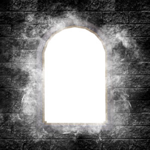 Magic mirror with foggy on dark brick wall.
